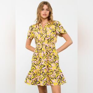 THML Short Sleeve Smocked Leaf Print Dress Large